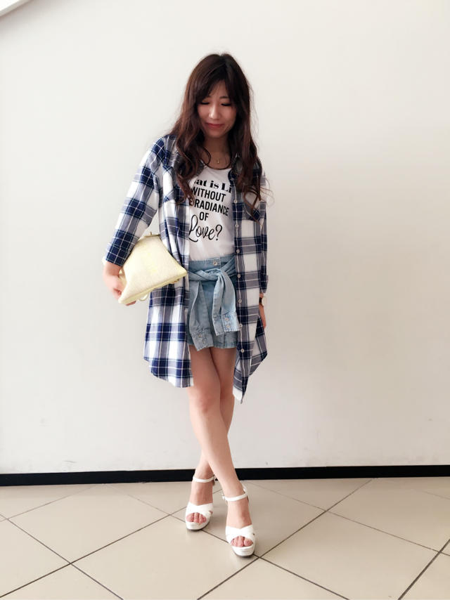 チェックロングシャツ+腰巻風ショートパンツ♡