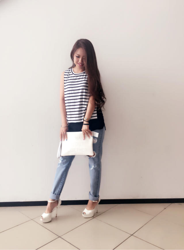 シフォンレイヤードスリットtops&ダメージデニム♡