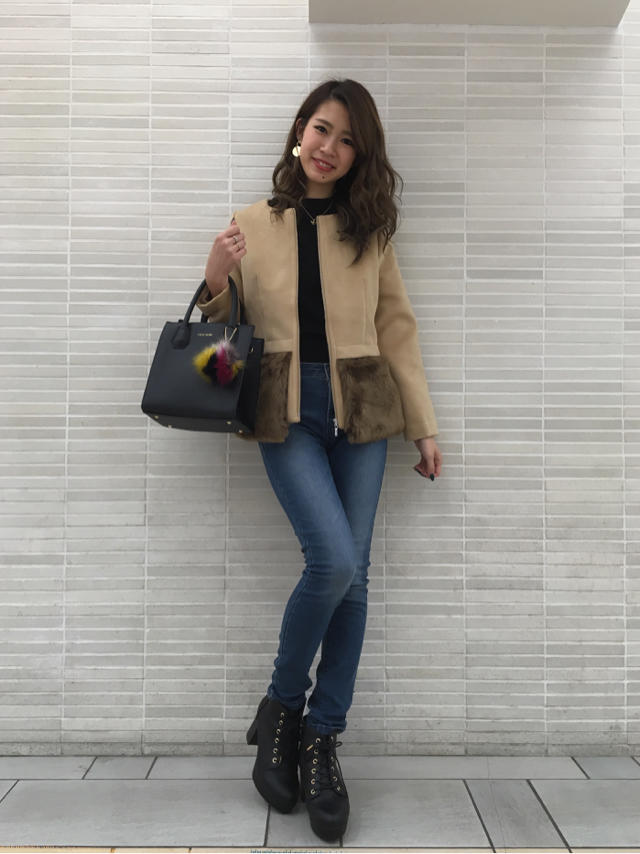 フェイクファー切り替えノーカラーZIPコート★Junko