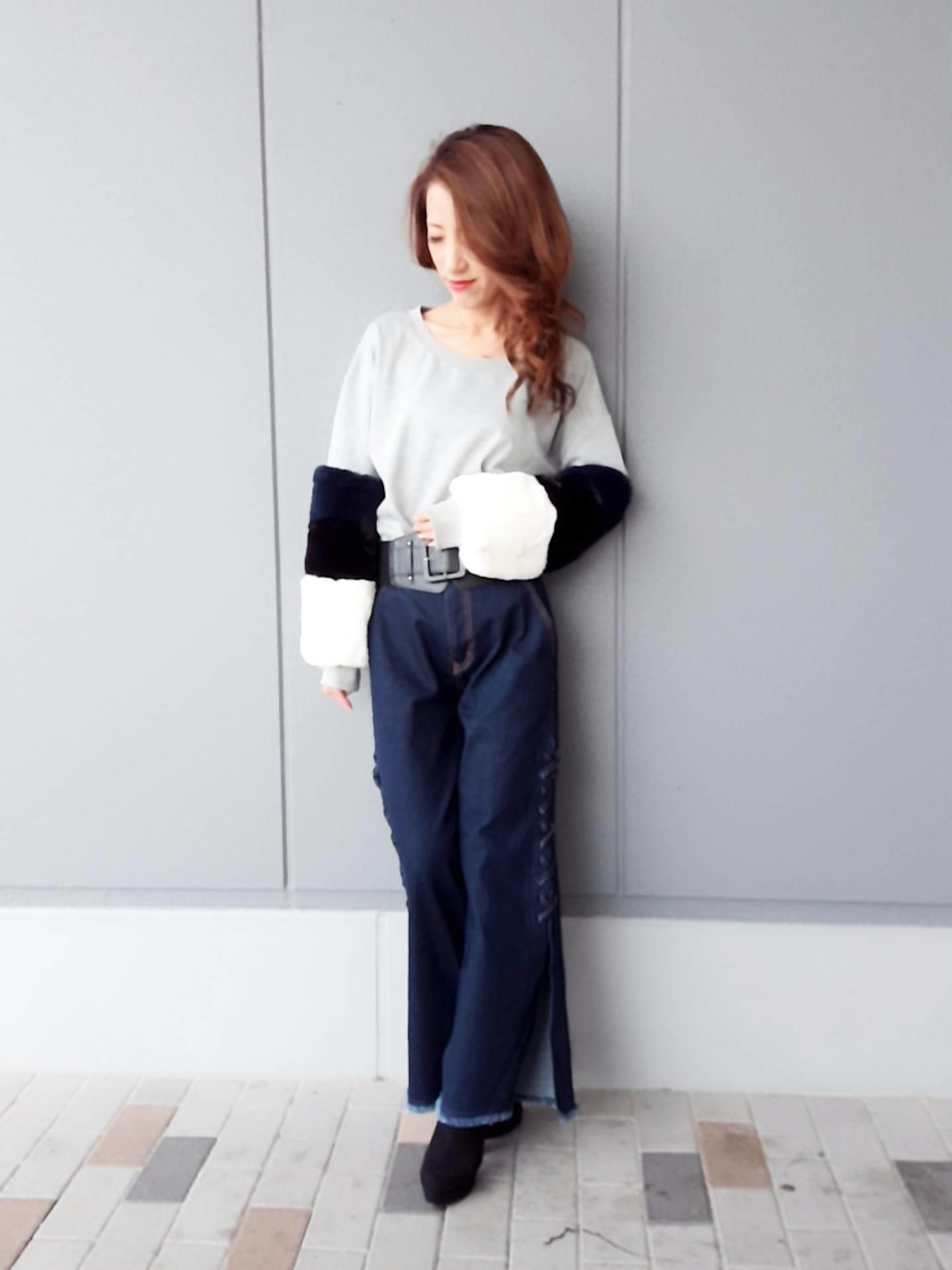 new!!3段袖ファートップス＆スピンドルワイドデニム♡゜:。* ゜.MAHO