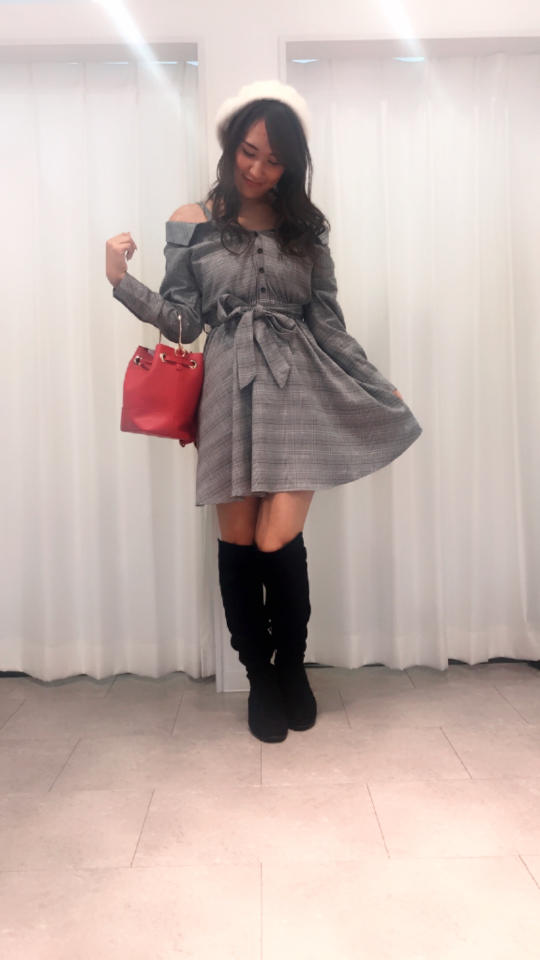 チェックワンピース♡肌見せオフショル♡325