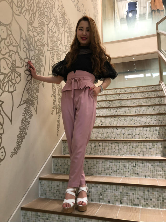 ドット柄レーストップス×ペプラム風ベルト付きパンツ♡りなのday off♪