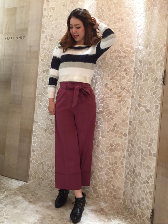 新作！！フェザーMIXボーダーニットトップス×配色ステッチ使いハイウエストワイドパンツ♡♡