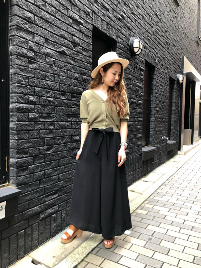 ニットカーデアンサンブル×リボンベルト付きワイドパンツ♡♡♪着回しcode☆