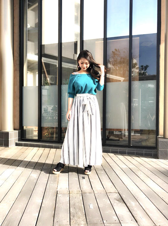 肩レースニット×ストライプワイドパンツ♡角南