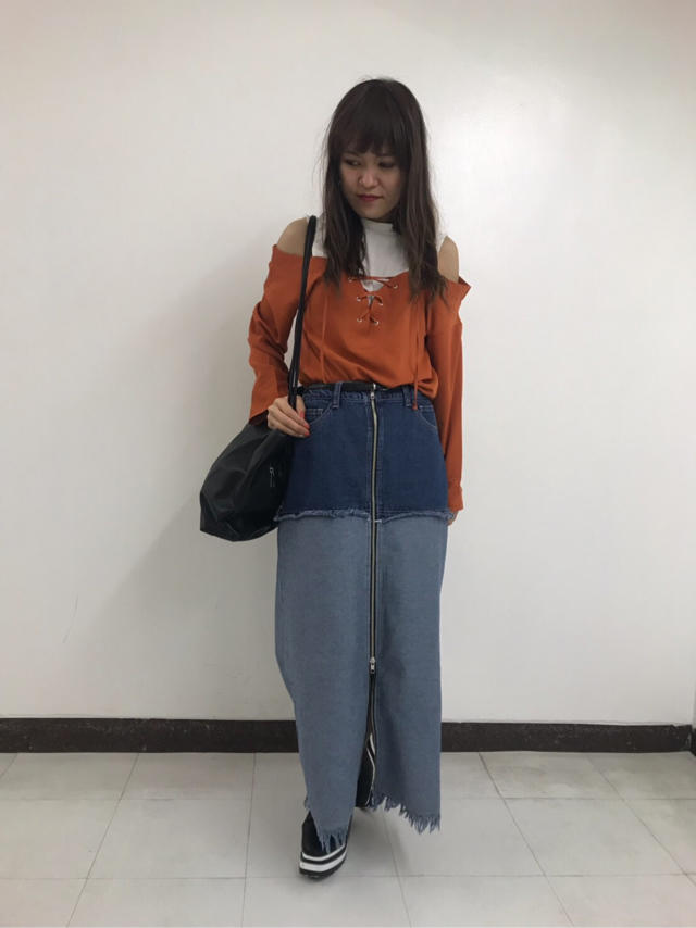 ブロッキングデニムロングスカート×レイヤード風ブラウス♡CM004会♡ayaka