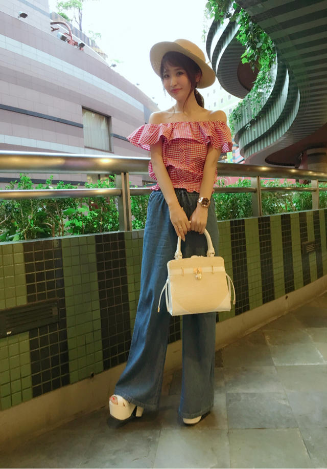 ギンガムチェックオフショルTOPS♡なべ♡購入品