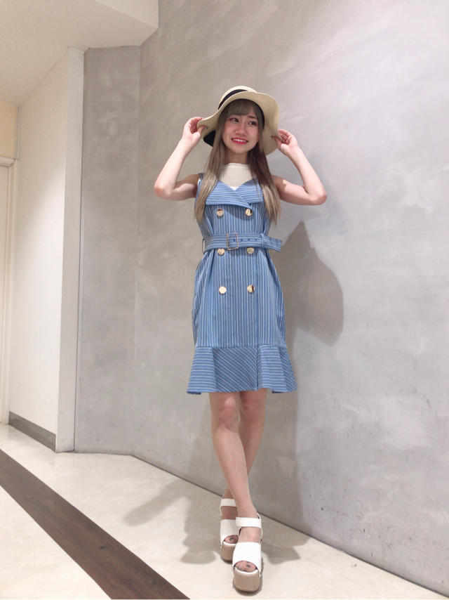 ブルーでさわやかかわいい♡ダブルボタンワンピース♡青木