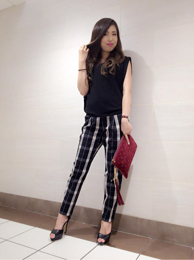 AWチェックタックパンツ×ショルダータックノースリトップス♡まーちゃん