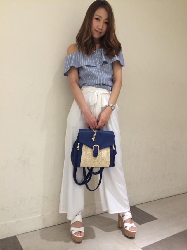 オススメ♡ストライプ柄オフショルTOPS & ワイドパンツCODE♡
