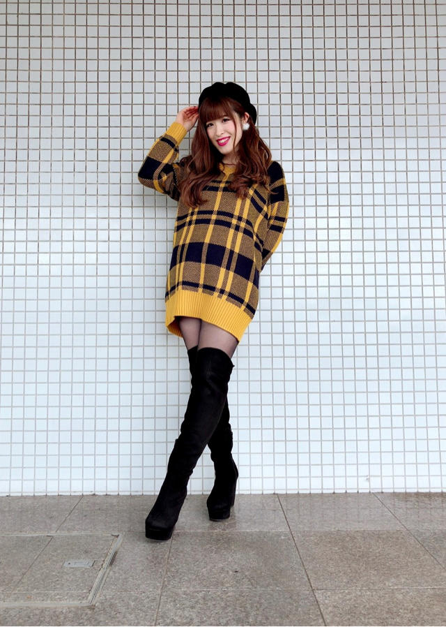 チェックニットチュニックワンピ♡♡ ちさと