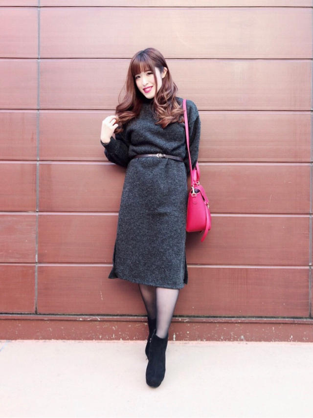 ロング丈でスッキリ暖かく♡ベルト付きハイネックワンピース♡ゆか
